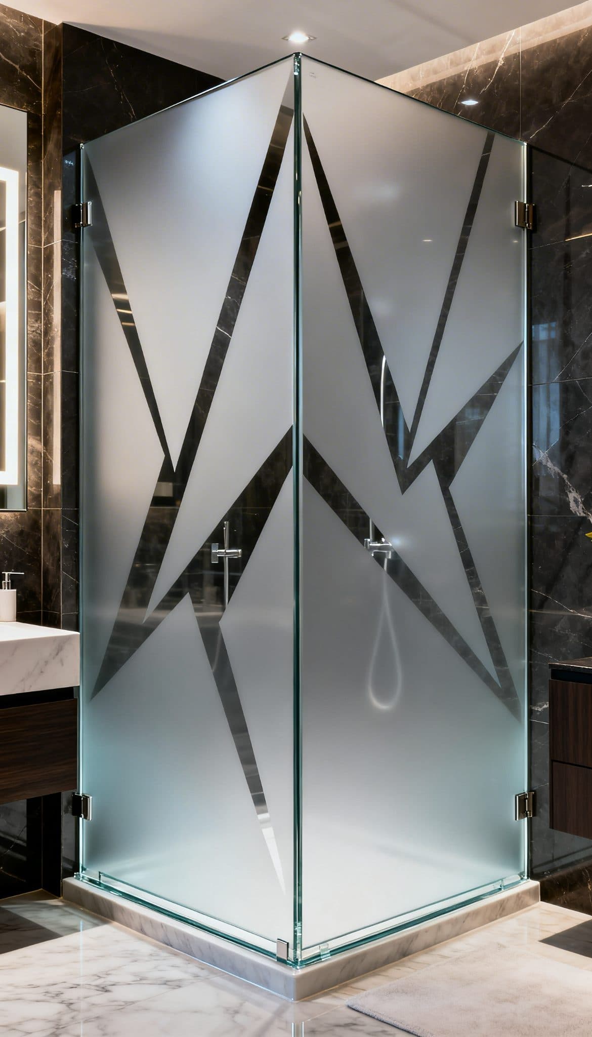 Modern geometric window frosting in a shower niche, a great custom wallpaper solution for bathrooms in Gauteng.