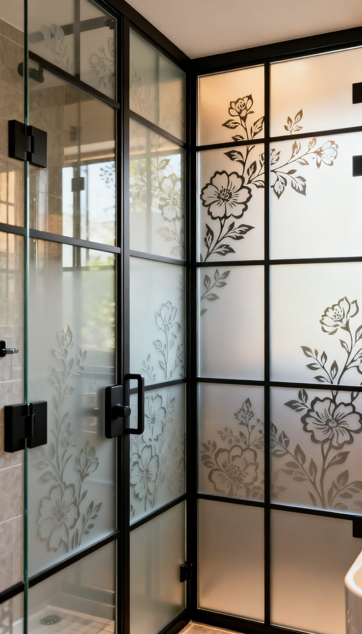 Frosted window film with floral scroll pattern privacy and elegance in a modern bathroom in Johannesburg.