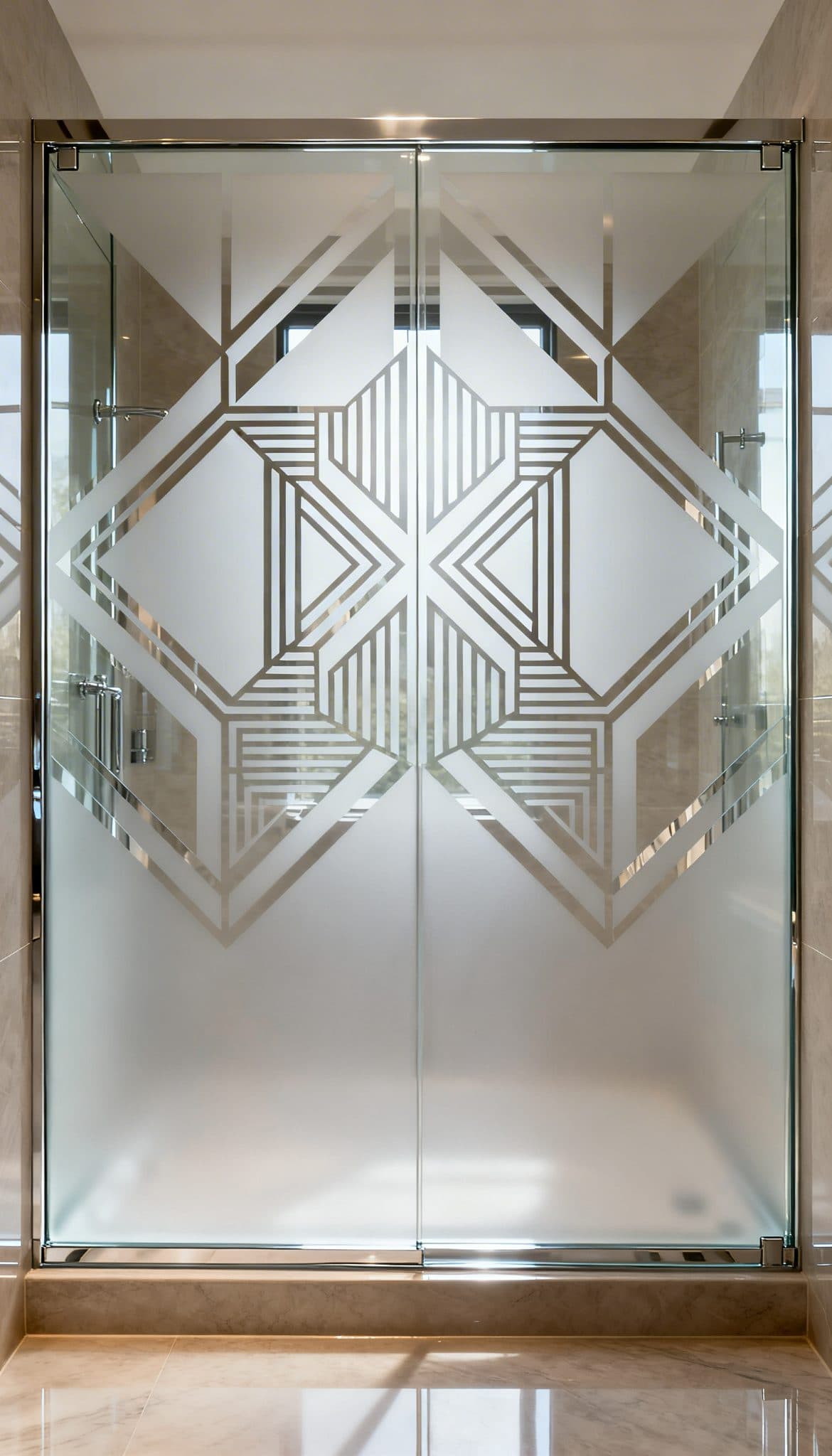 Ornate design scroll window film for a shower enclosure, ideal for wallpaper installations in Gauteng.