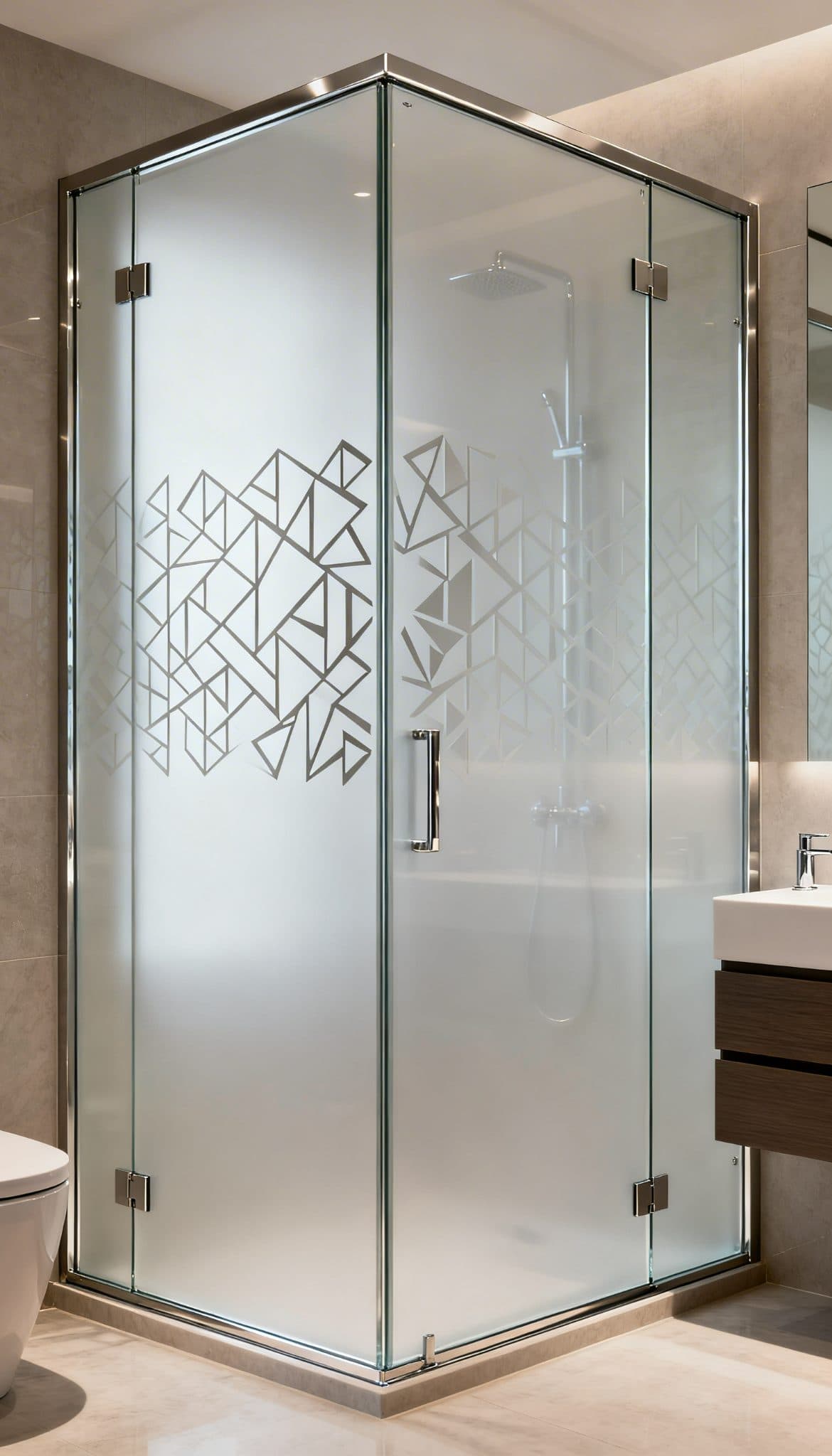 Frosted glass shower door with abstract geometric pattern, perfect for custom wallpaper installations.