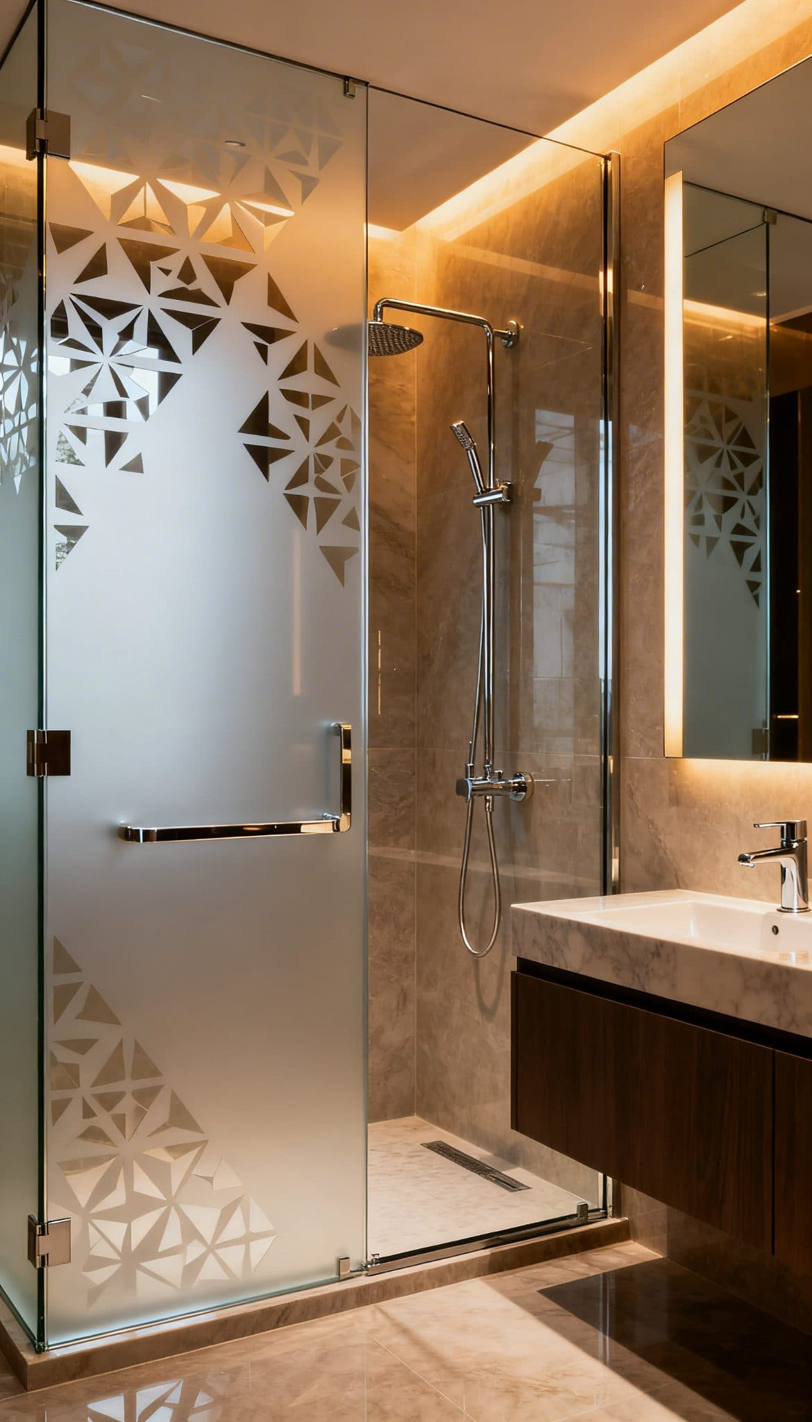 Geometric frosting on a glass shower door in a modern bathroom, installed by best wallpaper companies.