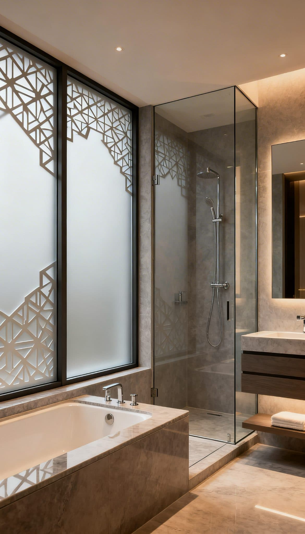Modern bathroom with geometric window frosting leading to a shower, showing a custom wallpaper installation concept.