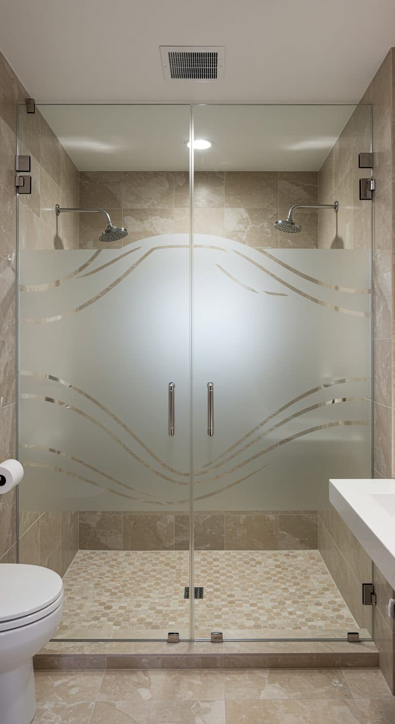Shower enclosure with geometric gold frosted film, perfect for wallpaper installations in Gauteng. Image shows toilet and van