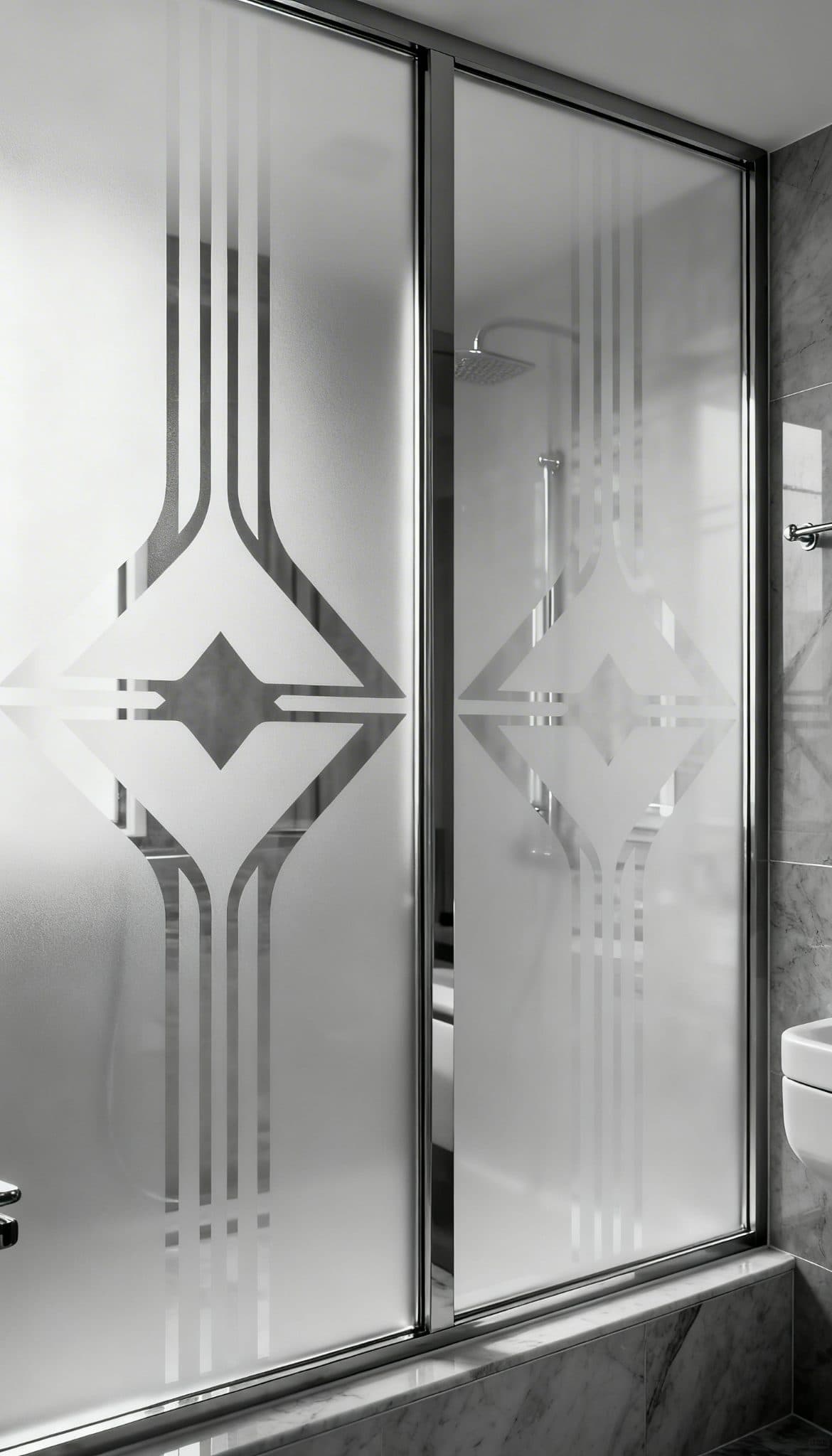 Geometric patterned shower film on glass door, like a custom wallpaper installation