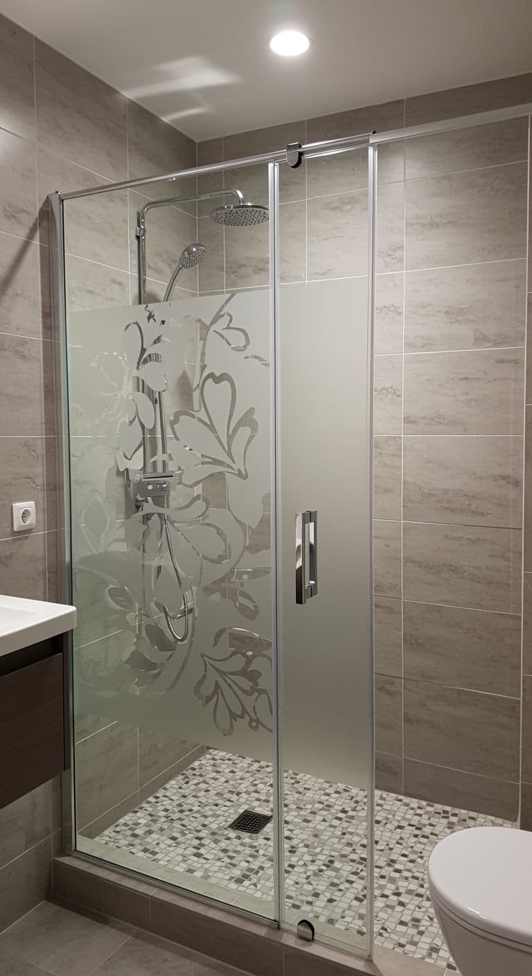 Shower enclosure with frosted glass depicting ornate scrollwork, offering privacy and style for your custom wallpaper install