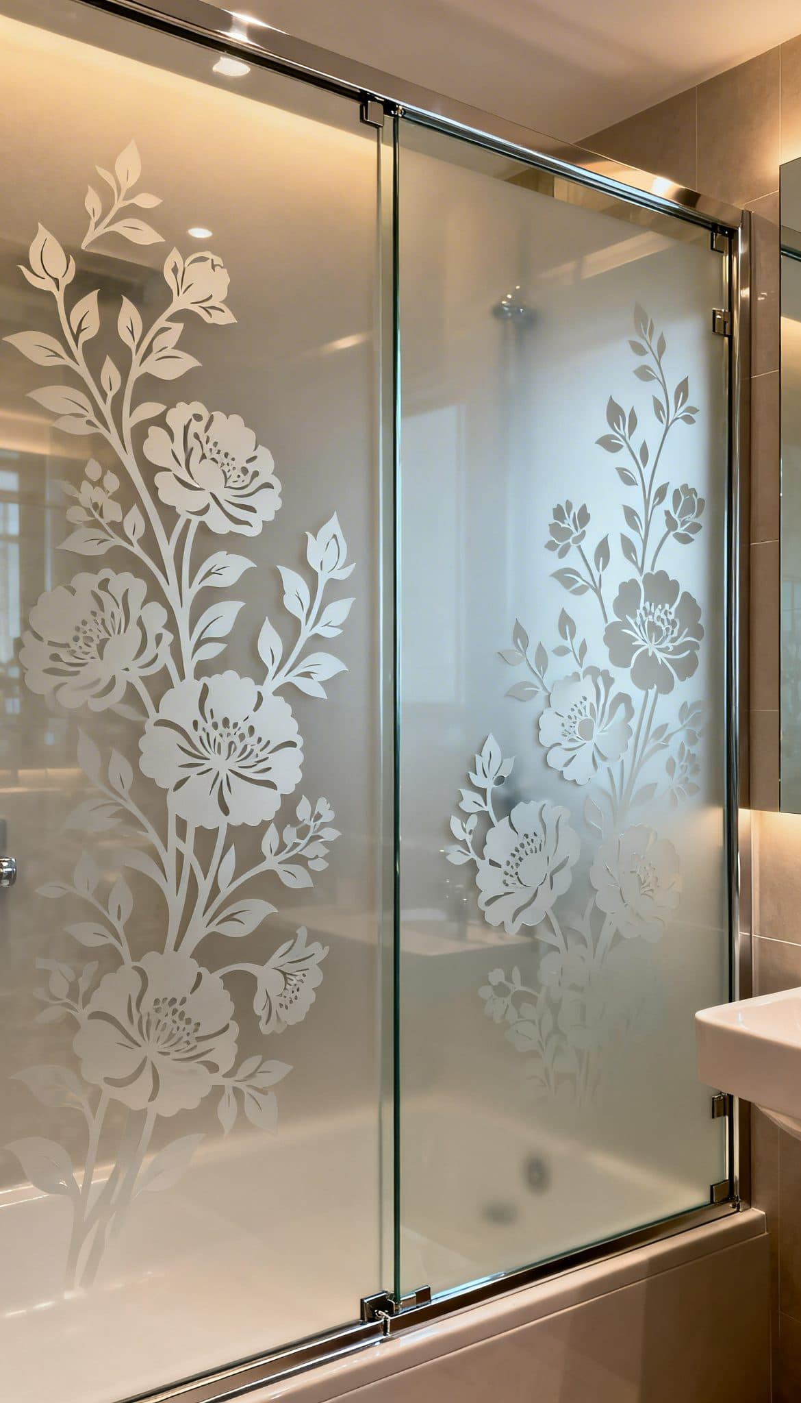 Frosted glass shower door with intricate corner scrollwork floral design for privacy with wallpaper installations in Gauteng.