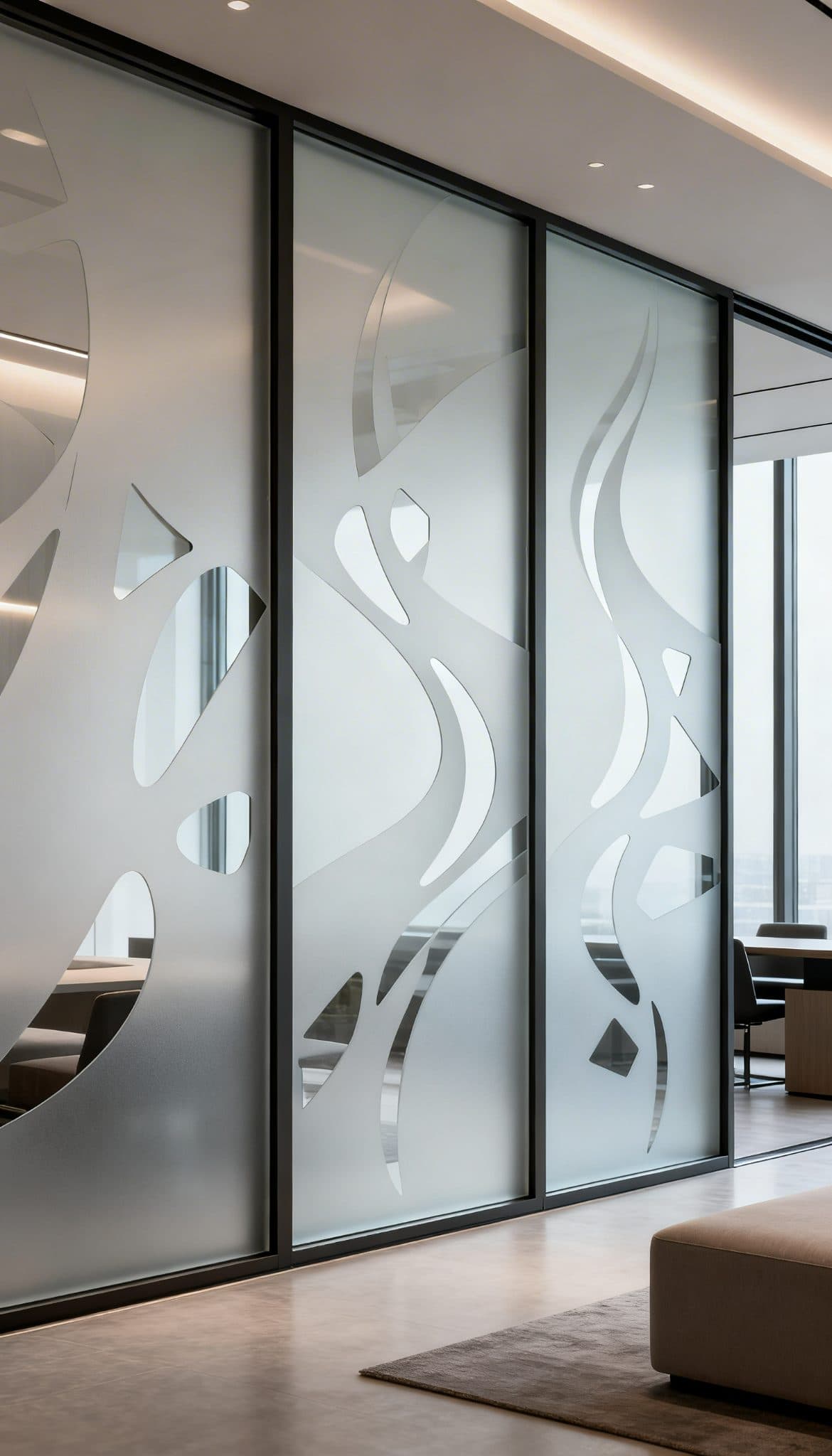 Frosted film with organic swirl pattern on glass panels in an office, great for custom wallpaper installations.