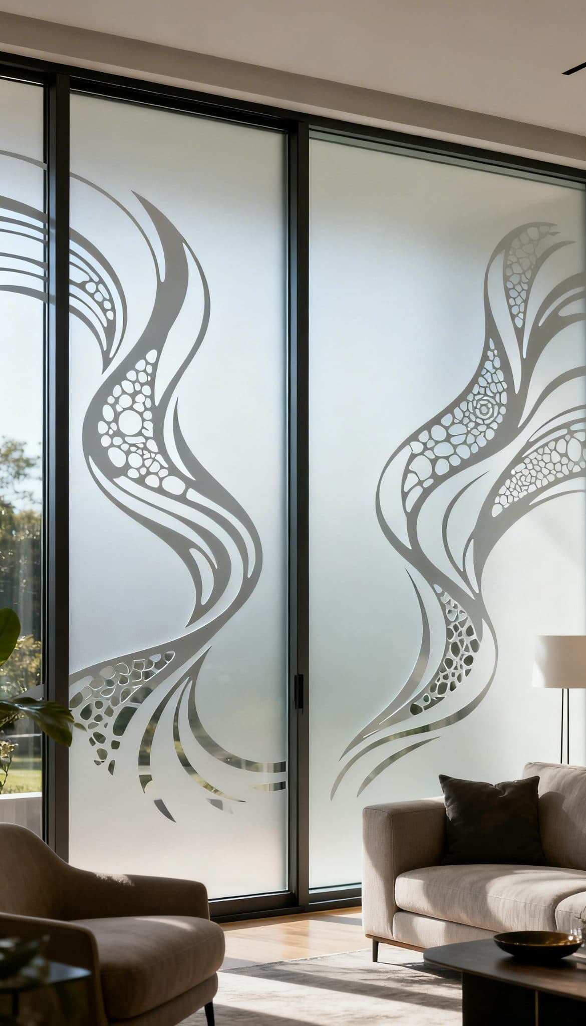 Frosted glass door with botanical pattern in a living room, great for wallpaper installations.