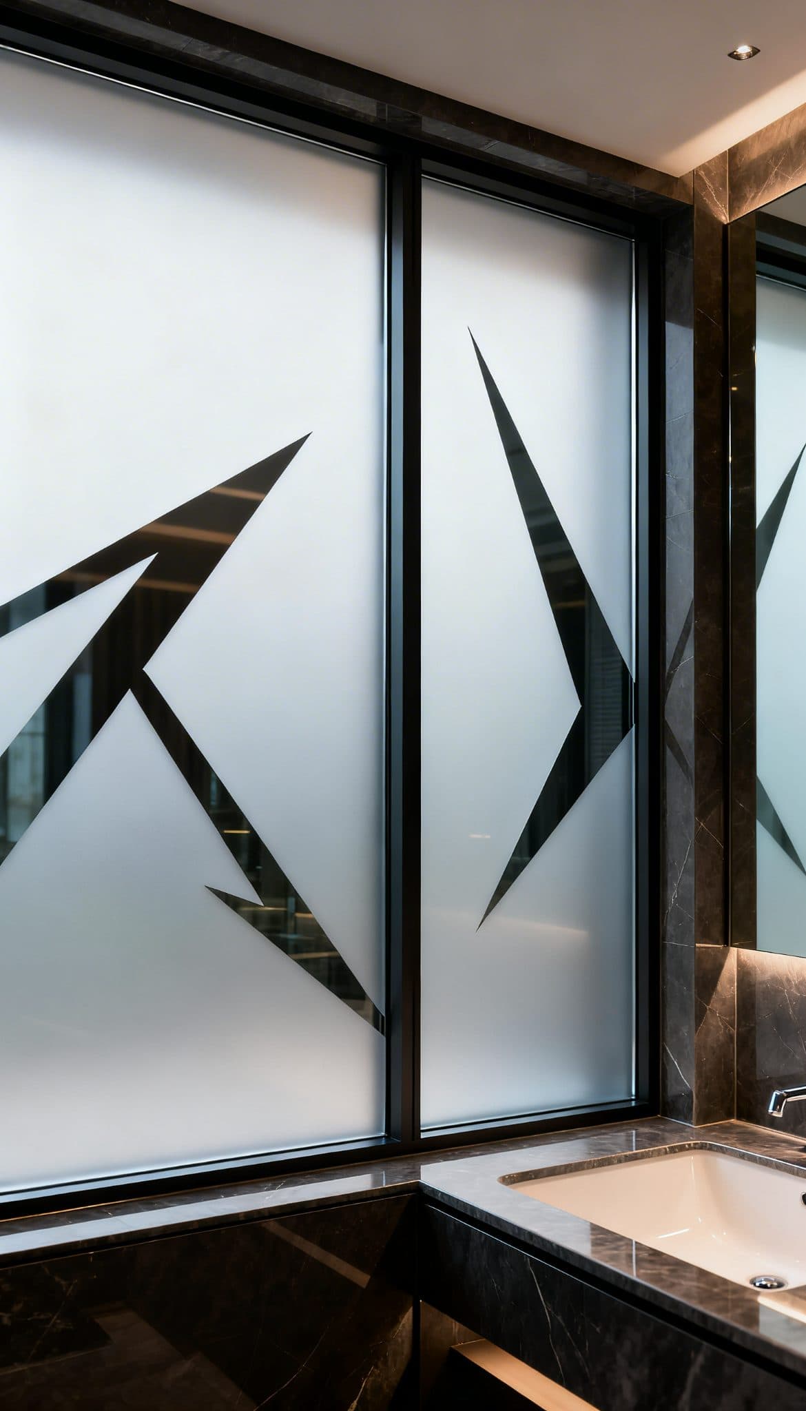 Privacy film with geometric patterns on bathroom windows, great for wallpaper installations in Gauteng.