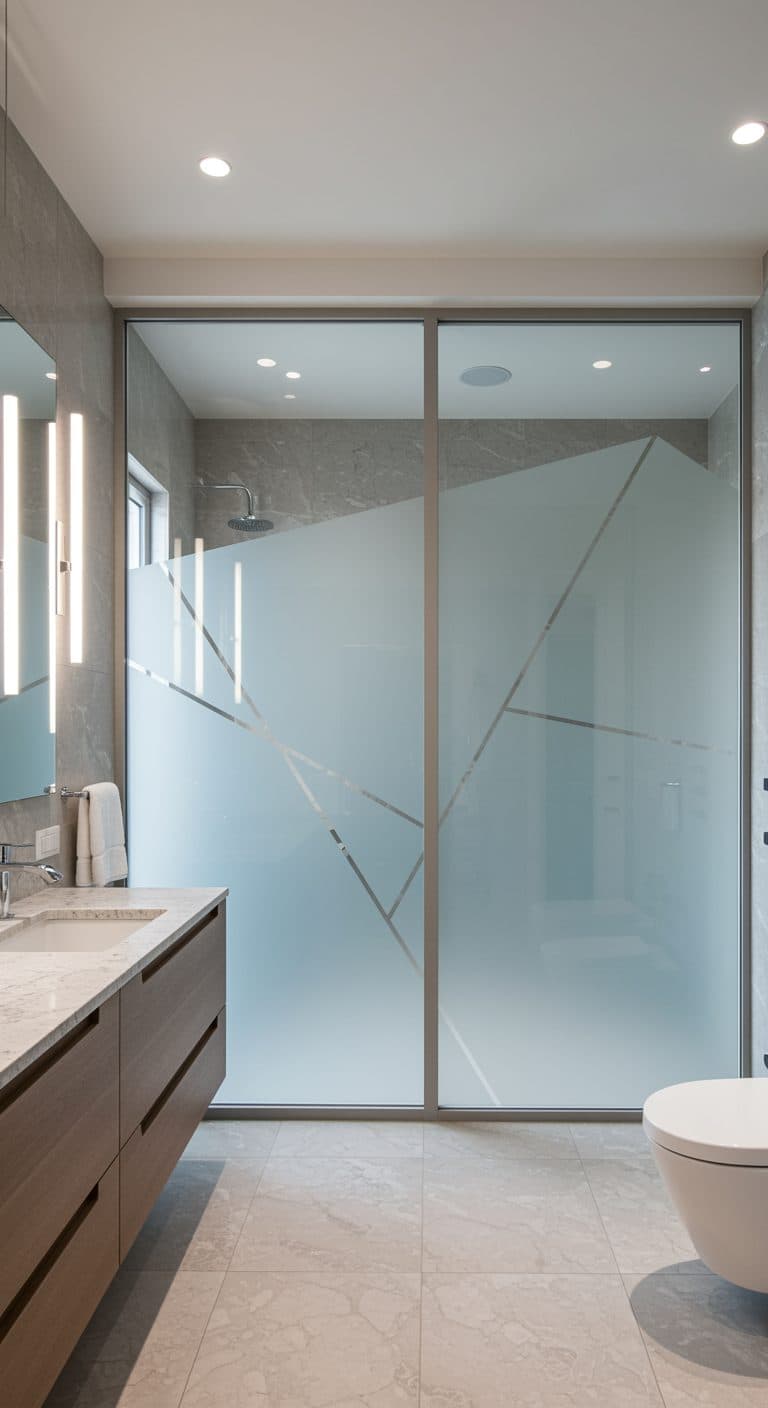 Frosted glass shower with geometric pattern in a modern bathroom, perfect for custom wallpaper installations.