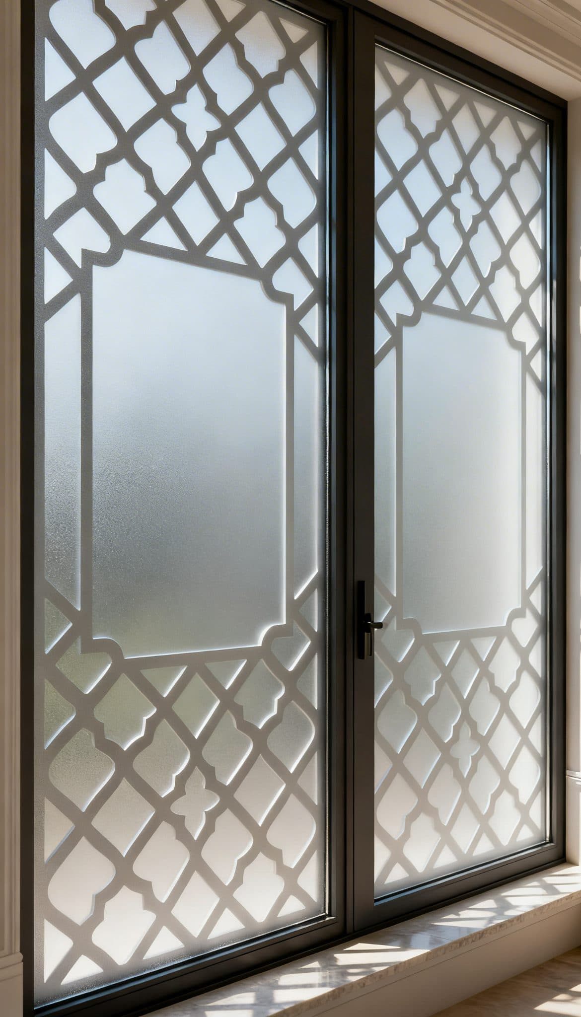 Frosted window film with a decorative frame pattern, a great alternative to wallpaper.