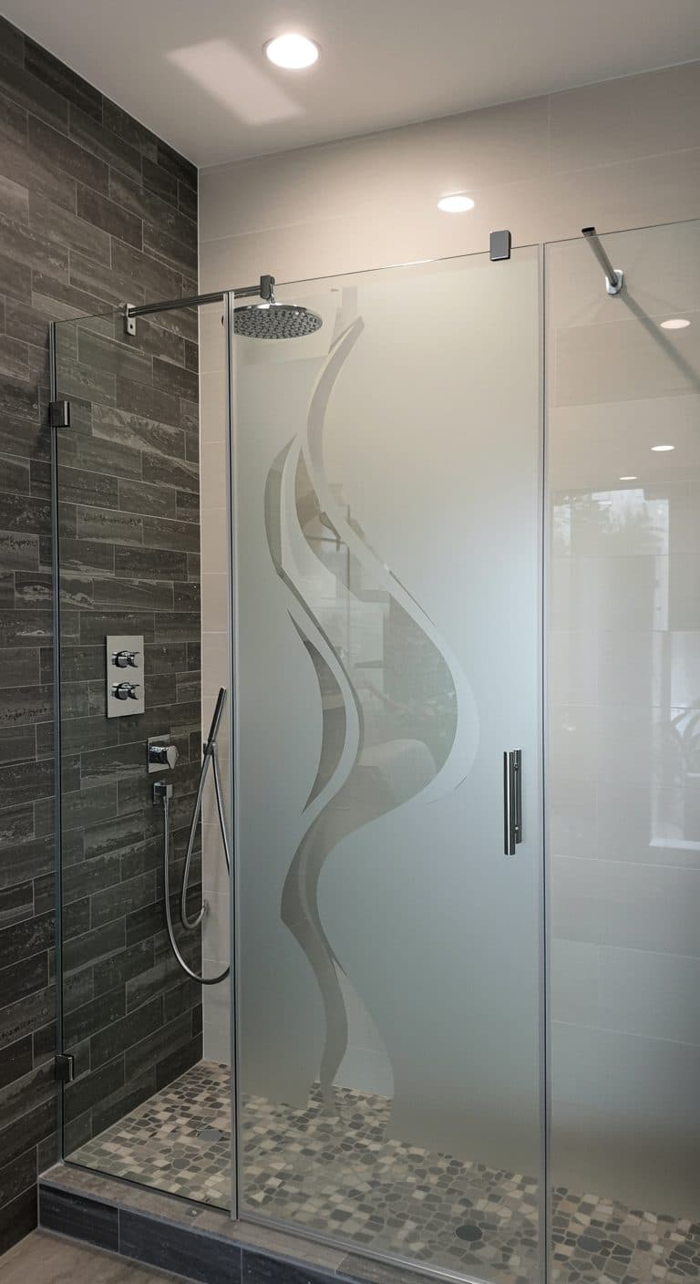 Ornate geometric privacy film with a wavy design on a glass shower door, perfect for custom wallpaper installations.