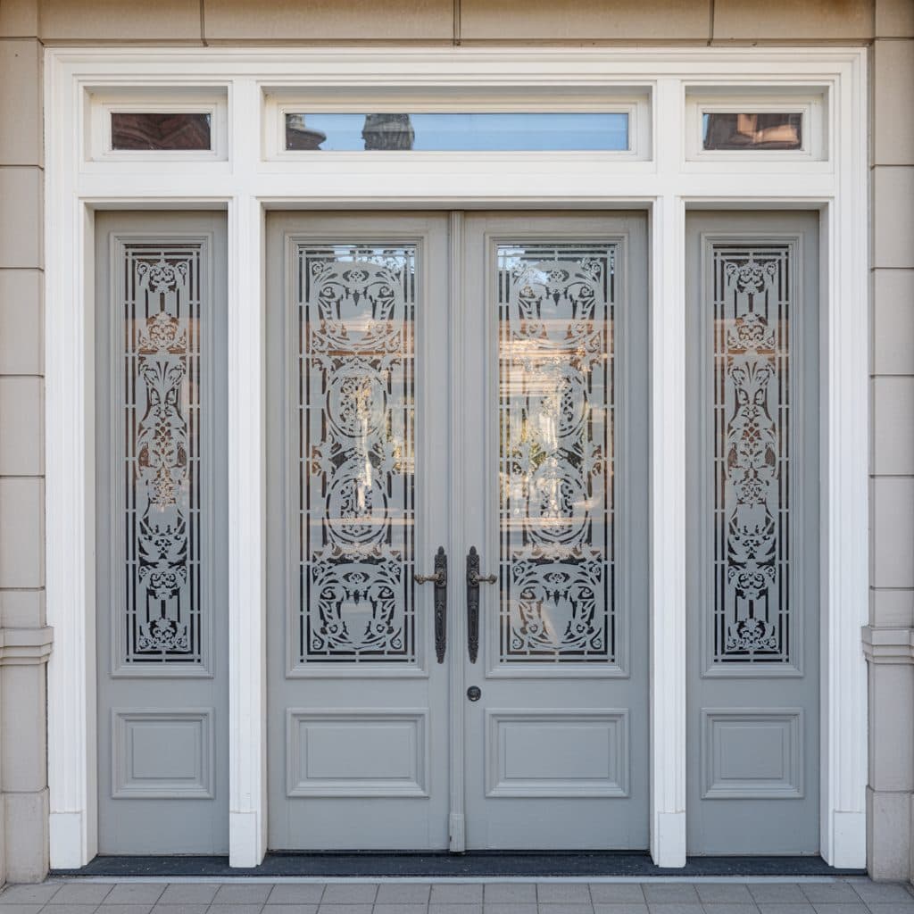 Double gray doors with frosted geometric window film, a stylish custom wallpaper installation for Johannesburg homes.