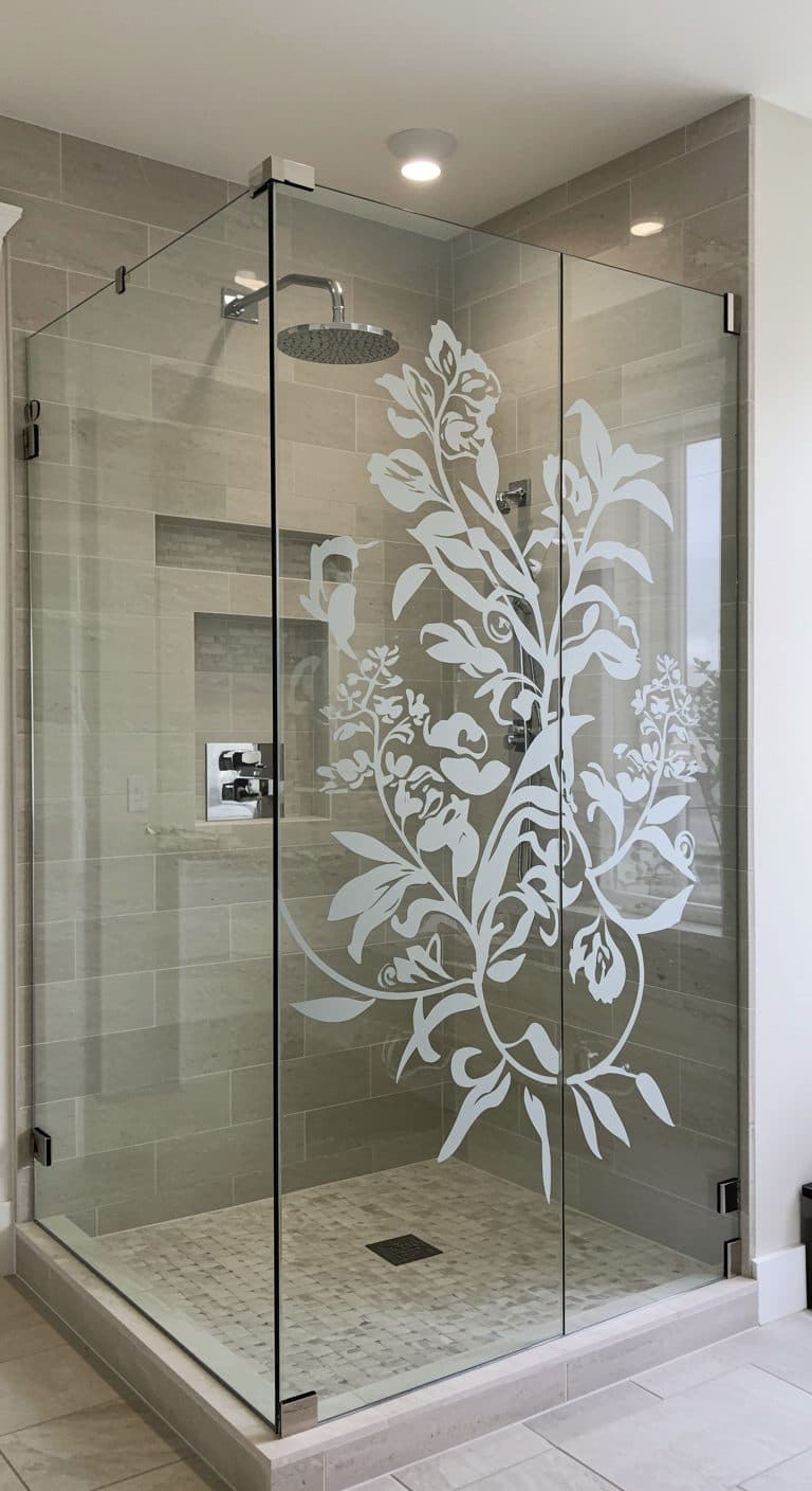 Glass shower cubicle with floral pattern window frosting applied, a stylish custom wallpaper installation.
