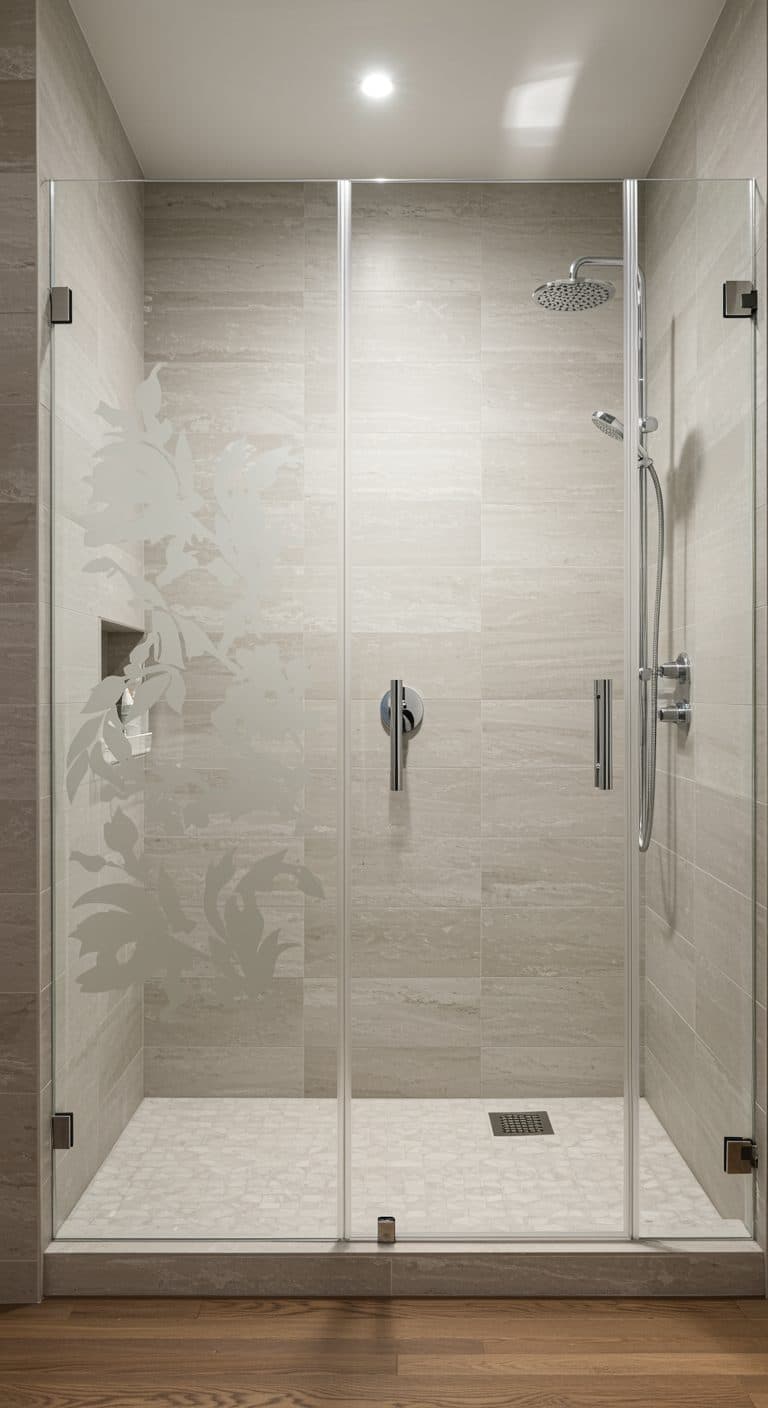 Shower with frosted glass featuring a floral pattern, ideal for custom wallpaper installations.