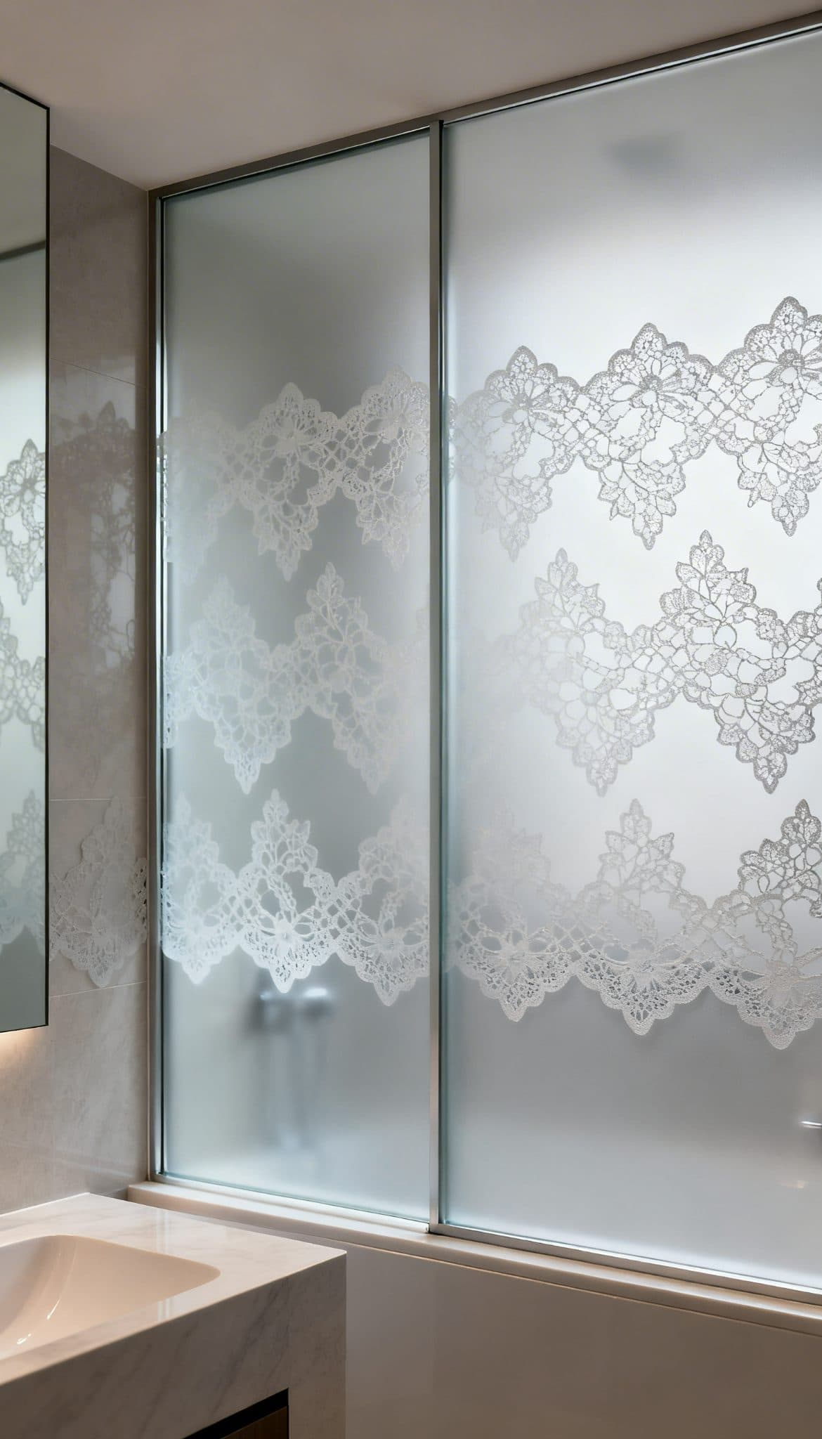 Frosted window panels with a geometric lace pattern enhance privacy in a stylish bathroom. An ideal custom wallpaper installa