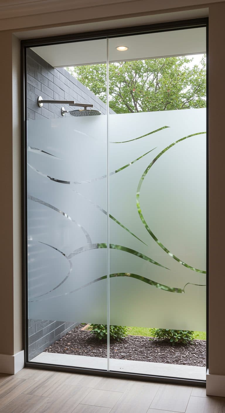Modern outdoor shower with patterned privacy film, a unique alternative to custom wallpaper in Gauteng.