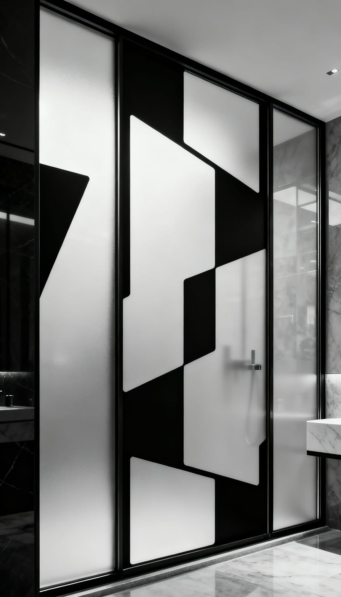 Frosted window panels with black geometric shapes, ideal for custom wallpaper installations in modern bathrooms.