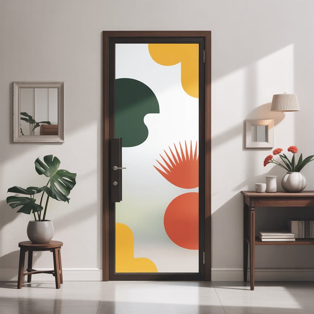 Door with geometric abstract window frosting, offering privacy and style. Consider custom wallpaper installations.