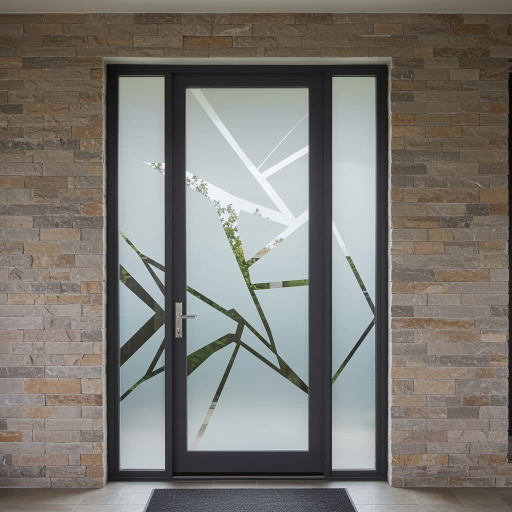 Front door with frosted window film featuring geometric shapes, a great alternative to custom wallpaper in Gauteng.
