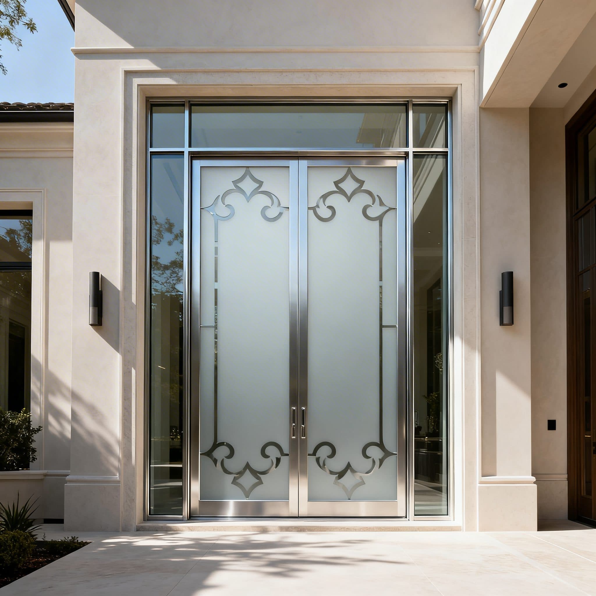 Frosted privacy shower screen on large glass doors with elegant swirl pattern, enhancing an entryway.