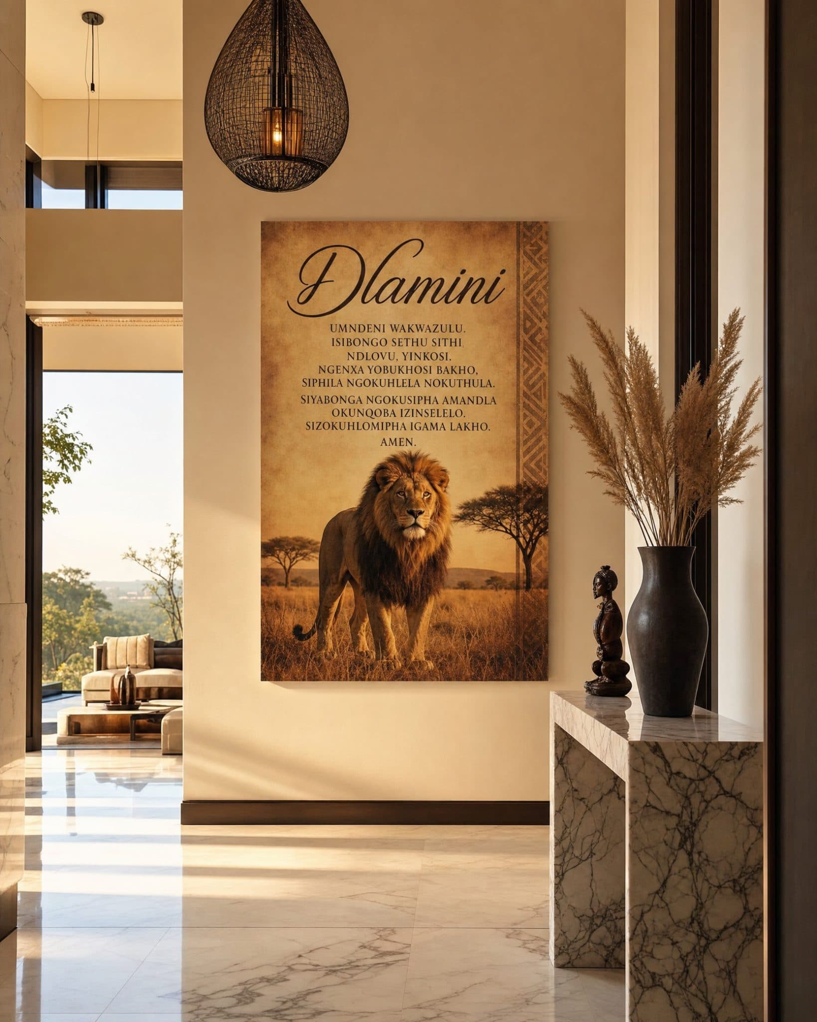 Regal portrait of an African lion with Dlamini clan praise names set against a savanna backdrop in a bright entryway.