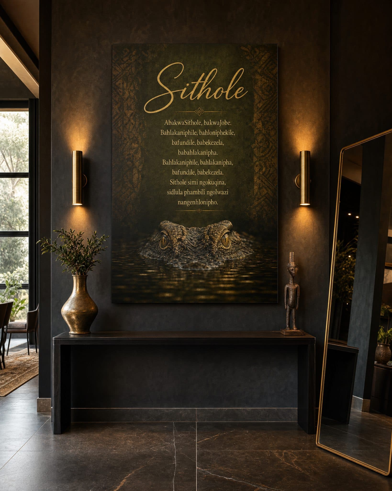 Striking image of a crocodile's eyes just above water with Sithole clan praise lines, enhancing a dark, luxurious hallway.