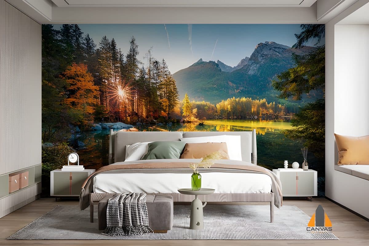 Sunrise over an autumn lake and forest wall mural in a modern bedroom, ideal for wallpaper installations.
