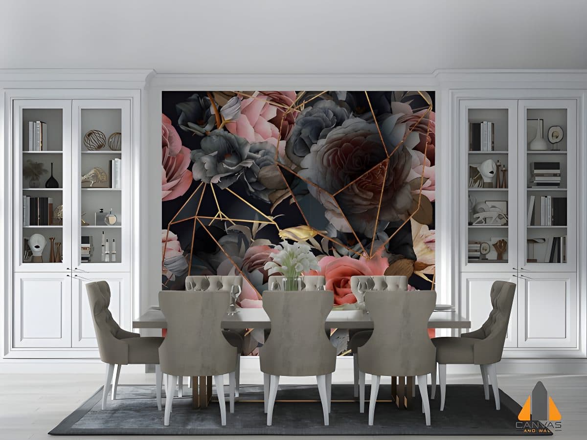 Floral and geometric wall mural in a sophisticated dining room, ideal for wallpaper installations in Gauteng.