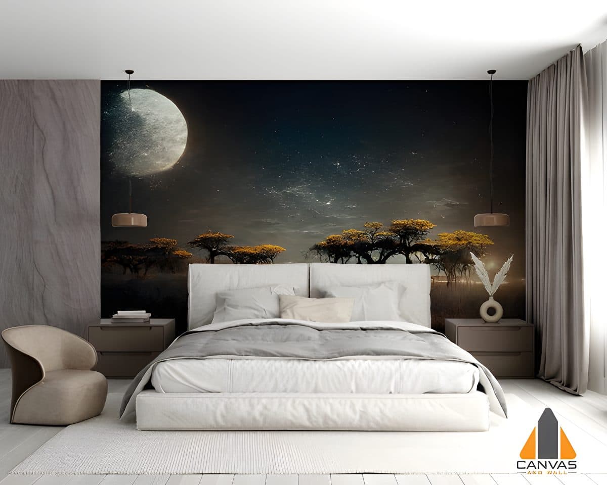 Savannah landscape night starry sky wall mural in a modern bedroom, perfect for wallpaper installations in Gauteng.