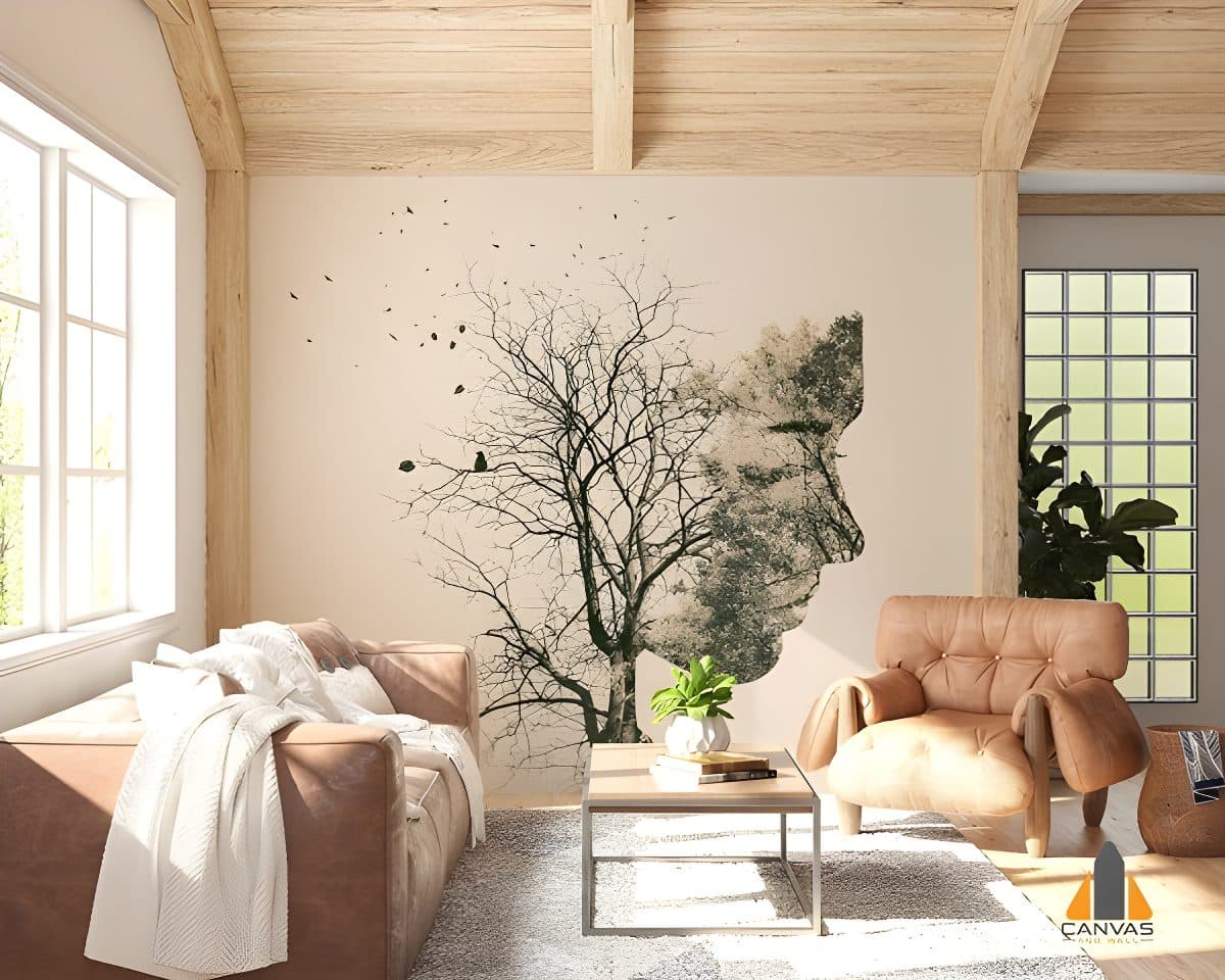 Double exposure wall mural of a young woman and autumn trees in a modern living room design.