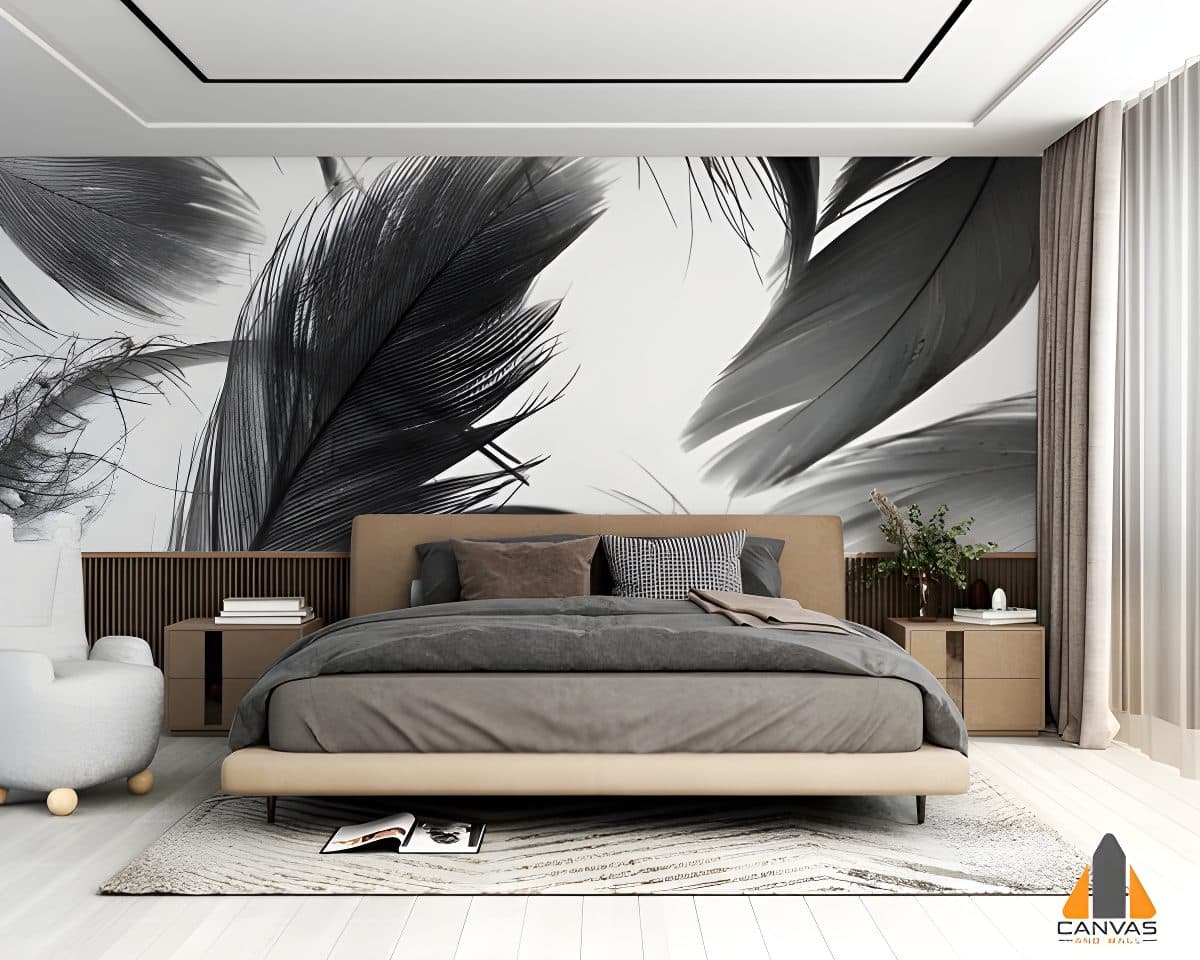 Bedroom with a feature wall displaying a black and white feather wall mural behind the bed.