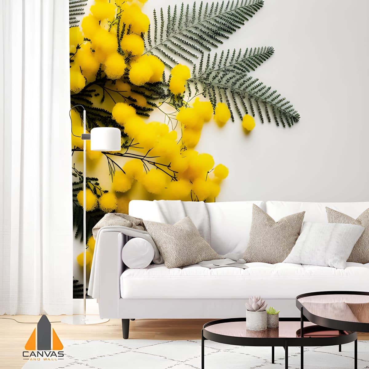 Vibrant mimosa flowers and fern leaves wall mural in a modern living room setting.