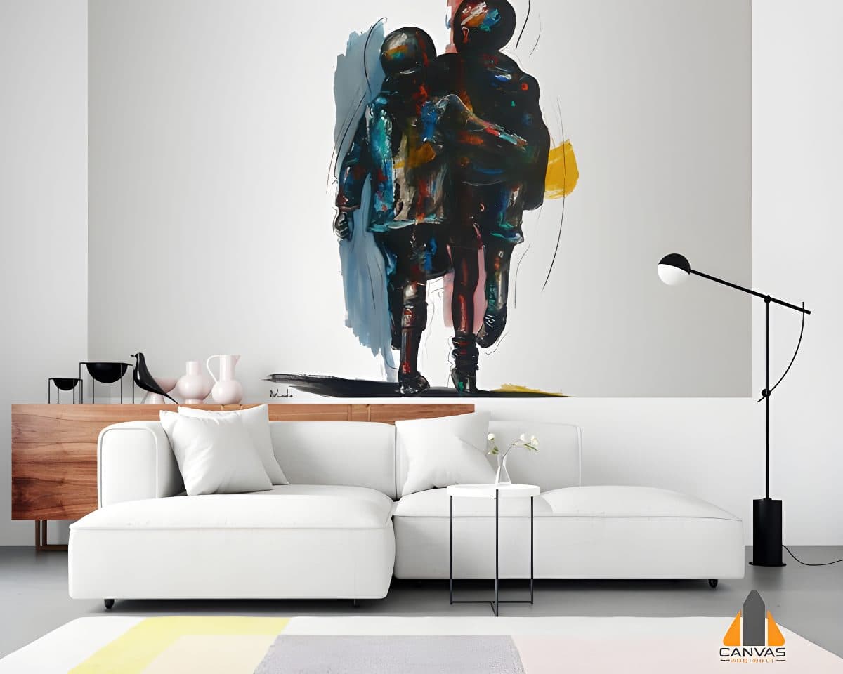 Vibrant school friends wall mural in a modern living room setting.