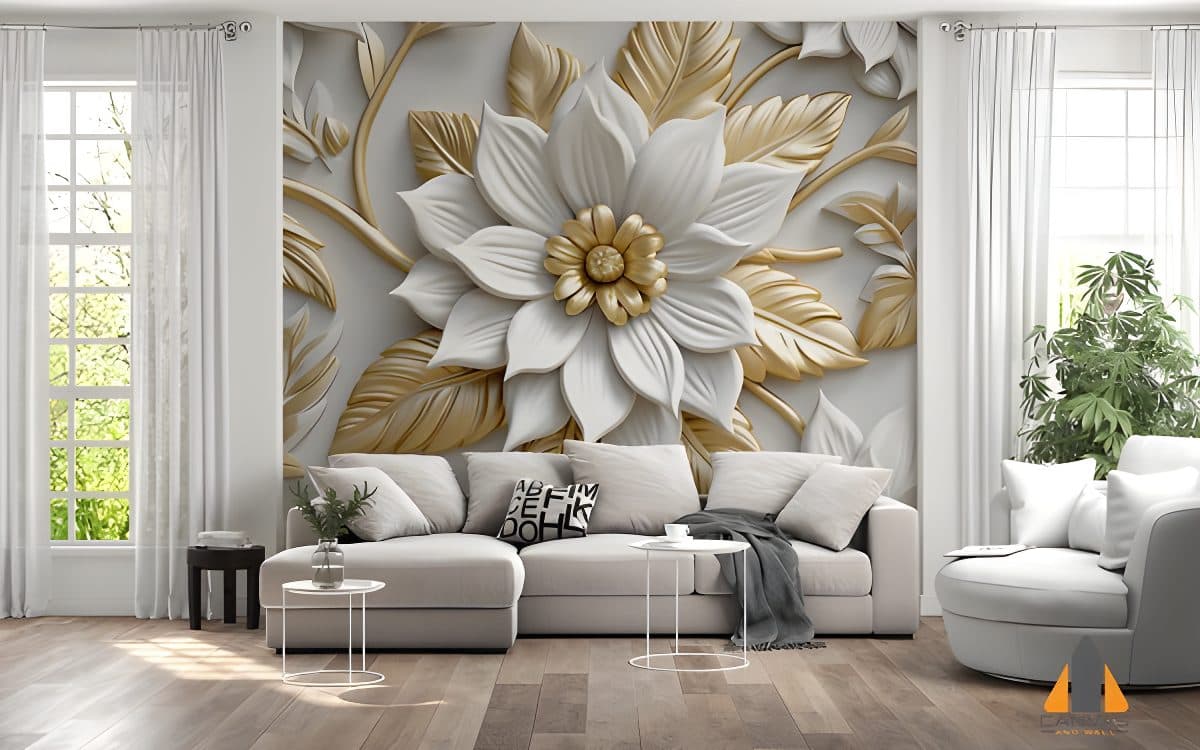 White and gold flower wall mural in a modern living room, expertly installed in Gauteng.