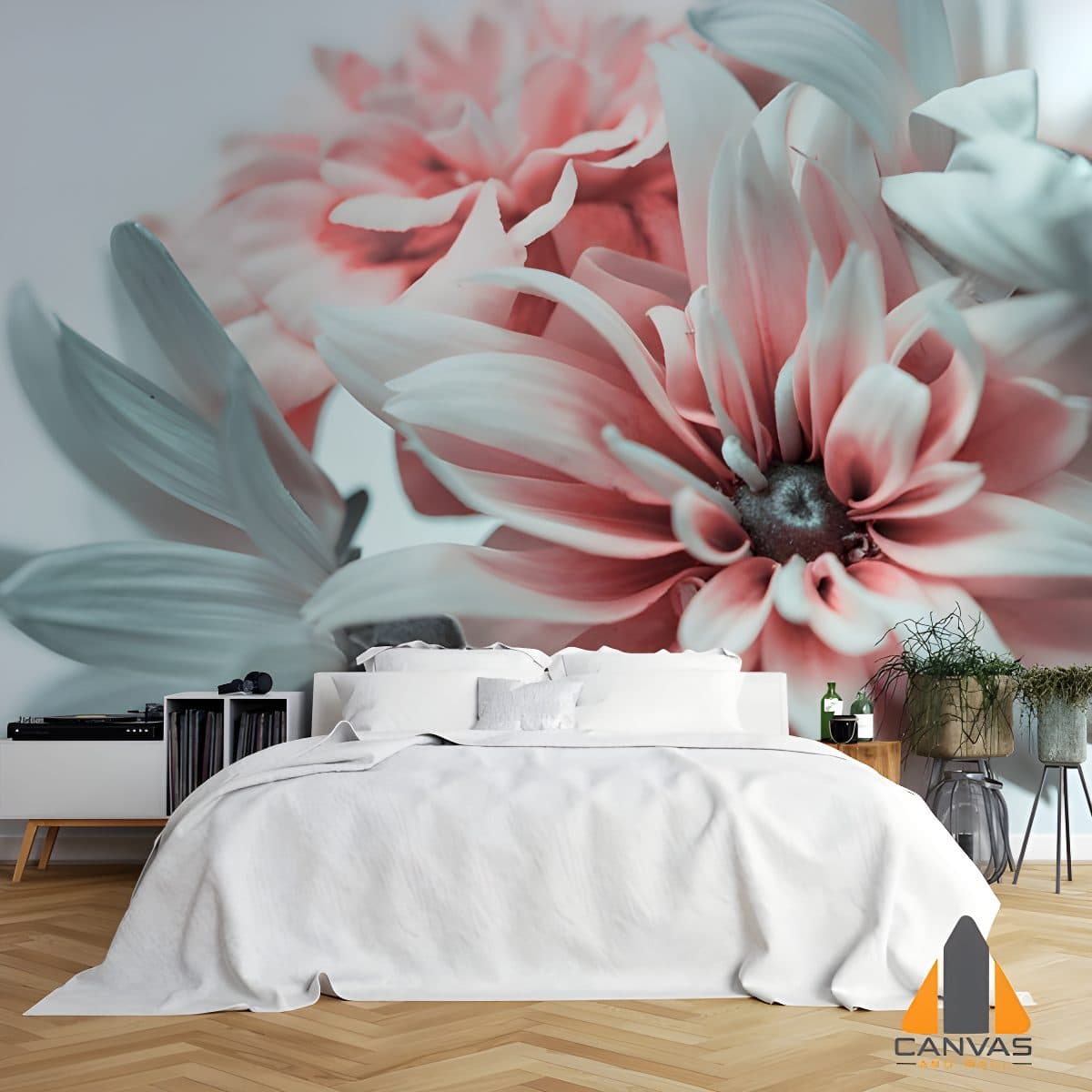 Pink flower wall mural in a modern bedroom, perfect for wallpaper installations in Gauteng.