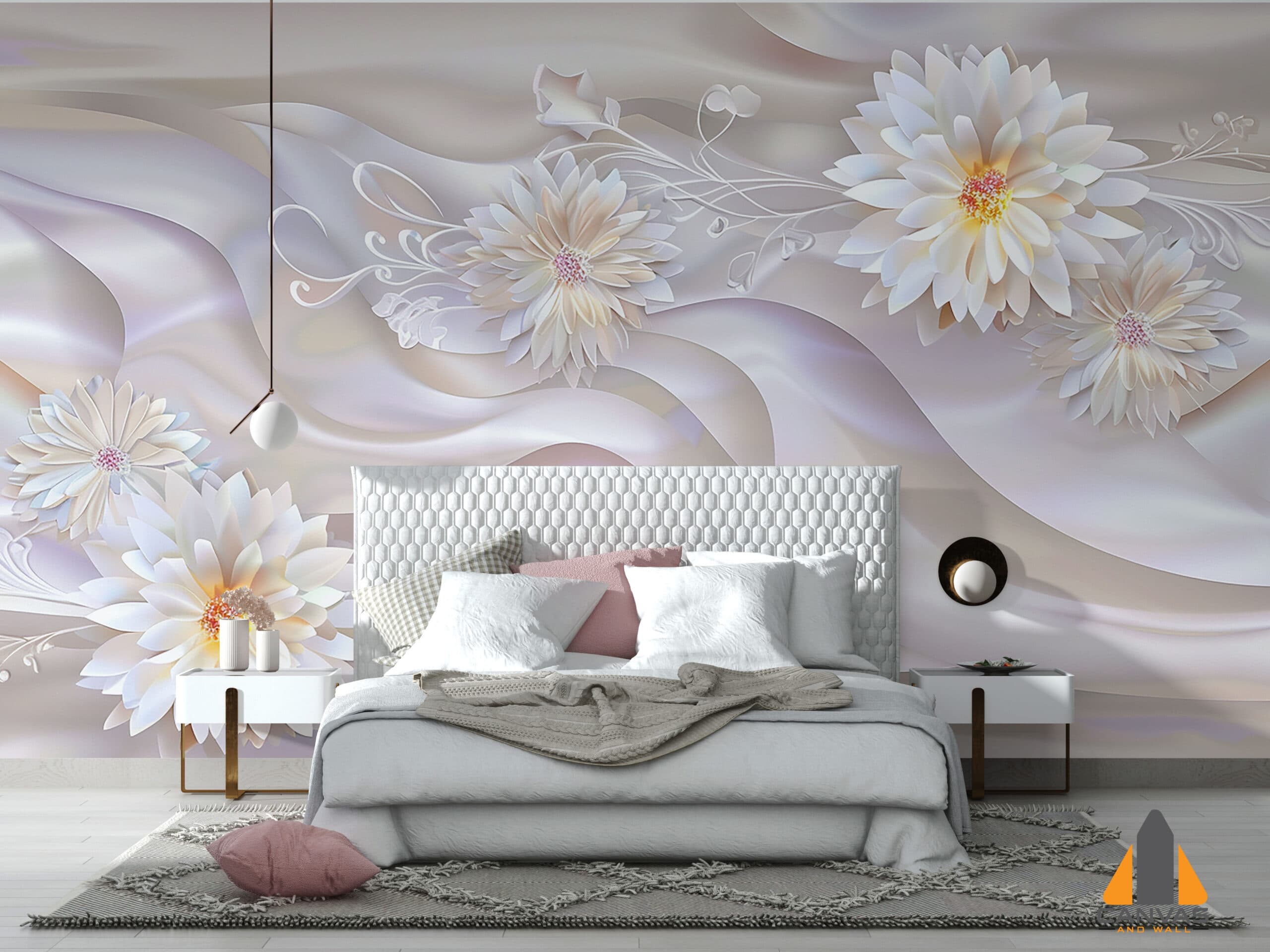 White floral and swirling fabric design wall mural in a modern bedroom, showcasing elegant custom wallpaper.