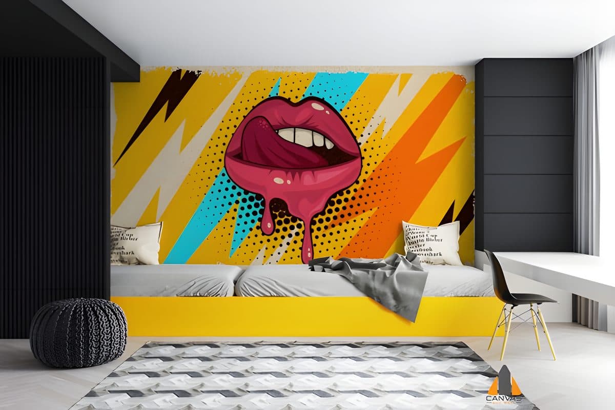 Pop art pink lips wall mural with a dripping tongue, in a modern bedroom with a yellow bed frame.