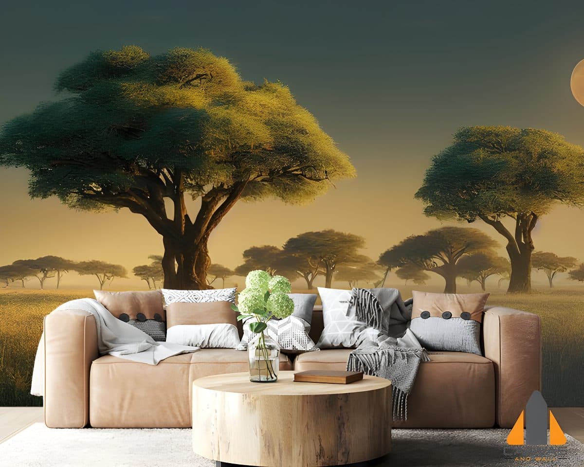 Sunrise savannah scene with acacia trees as a wall mural in a modern living room by Canvas & Wall.