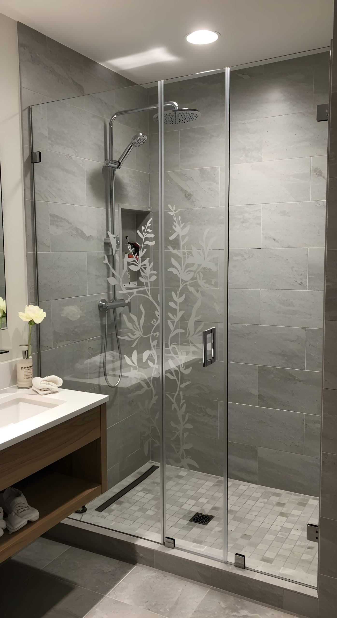 Frosted swirling leaves custom wallpaper on a glass shower door in a modern bathroom.