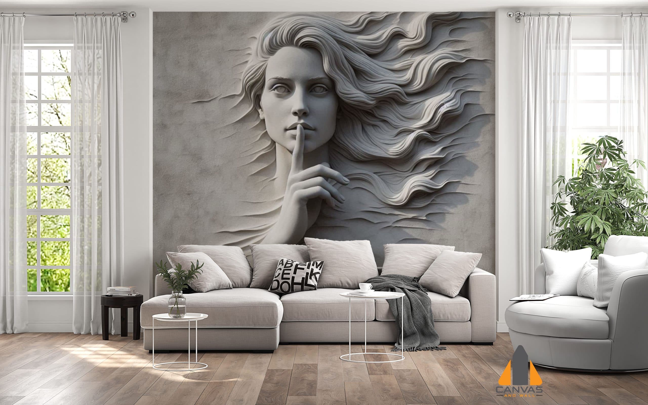 Dramatic 3D engraved lady art as a wall mural in a modern living room setting.