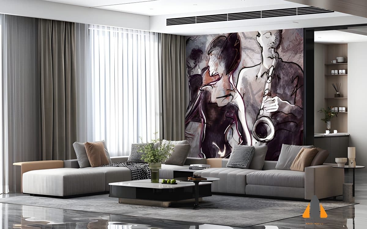 Jazz night sketch wall mural in a modern living room, perfect for wallpaper installations in Gauteng.