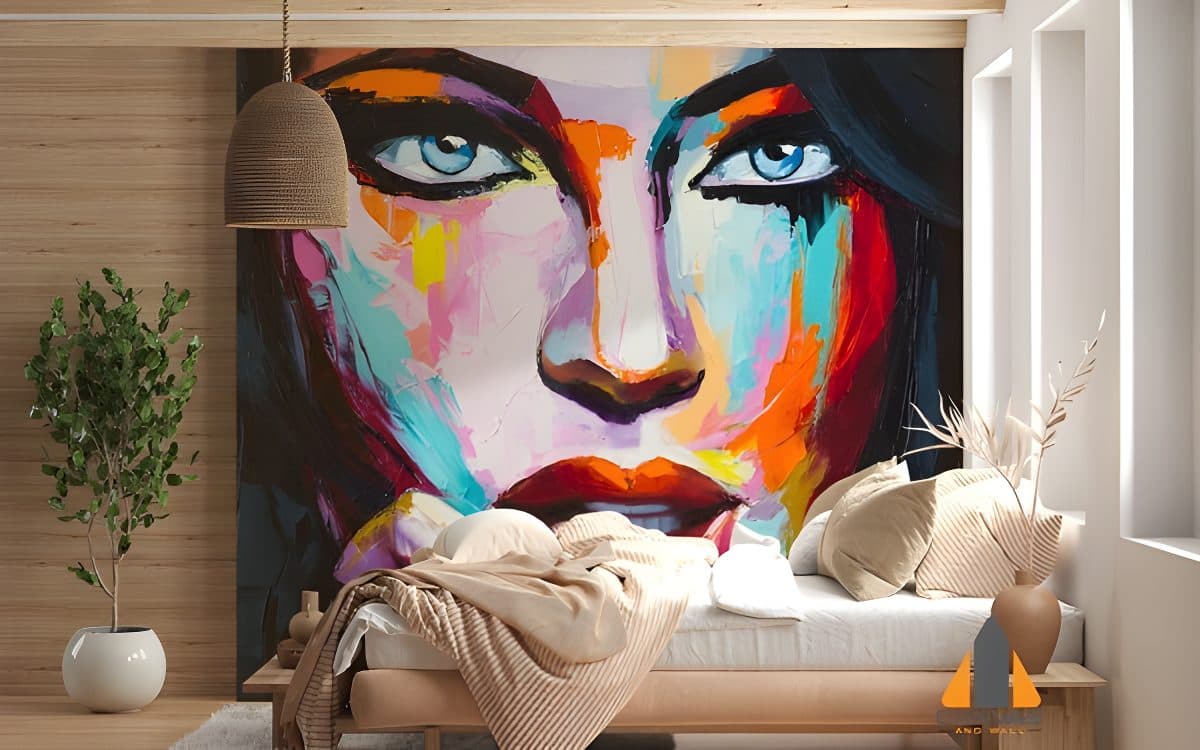 Vibrant abstract woman's face wall mural in a modern bedroom, installed by Canvas & Wall in Gauteng.