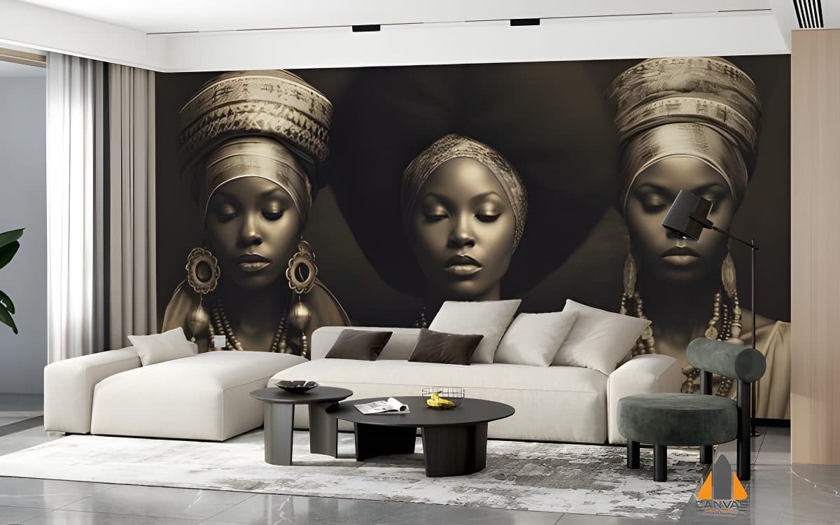 Three women in headwraps wall mural in a modern living room, expertly installed by Canvas & Wall.