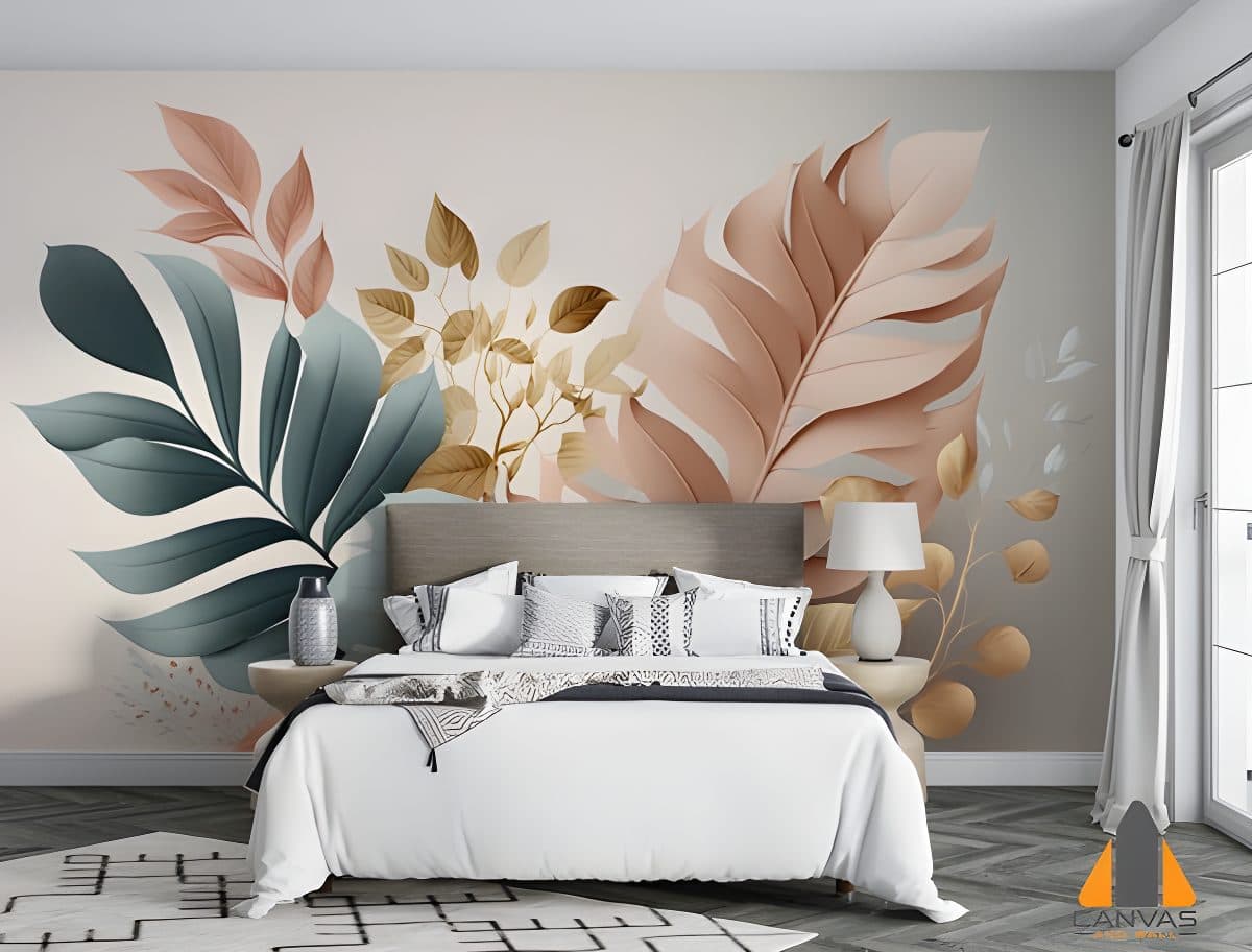 Pastel green and pink tropical leaves wall mural behind a bed in a light bedroom.