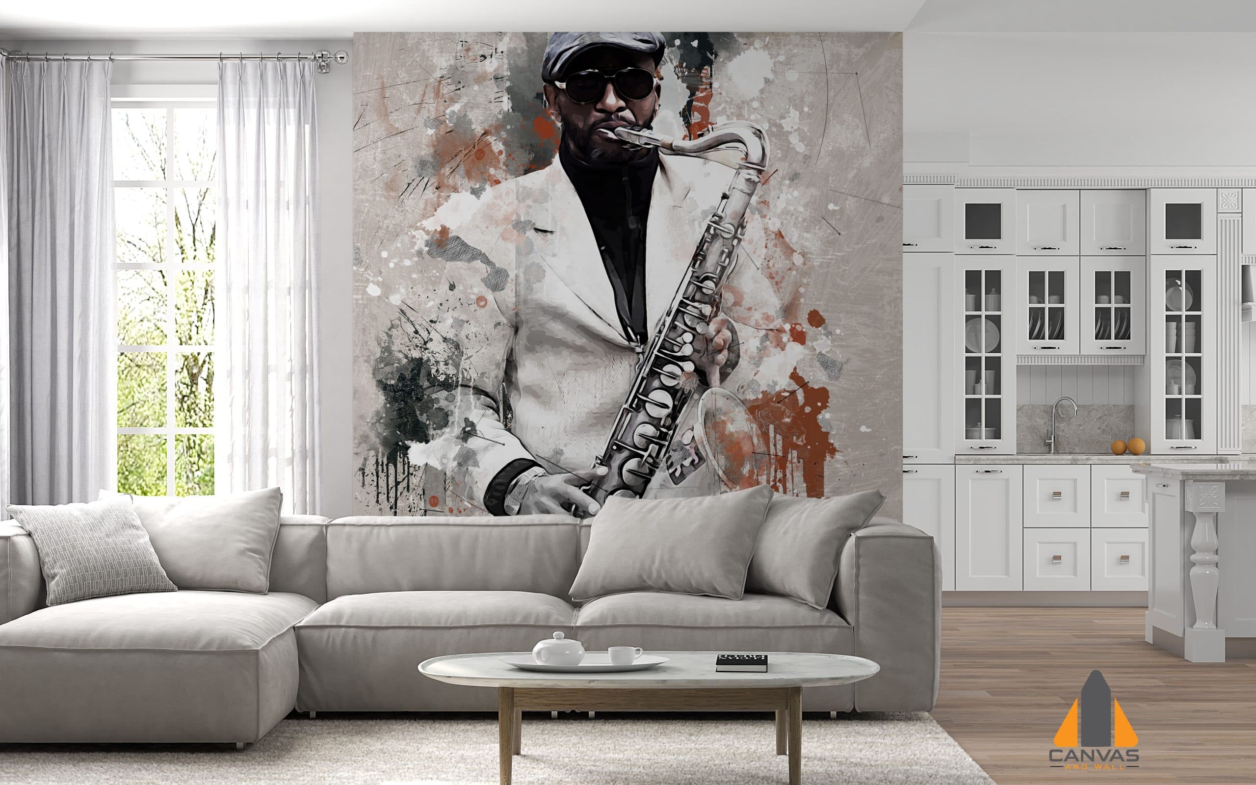 Jazz musician abstract art wall mural in a modern living room, perfect for wallpaper installations in Gauteng.