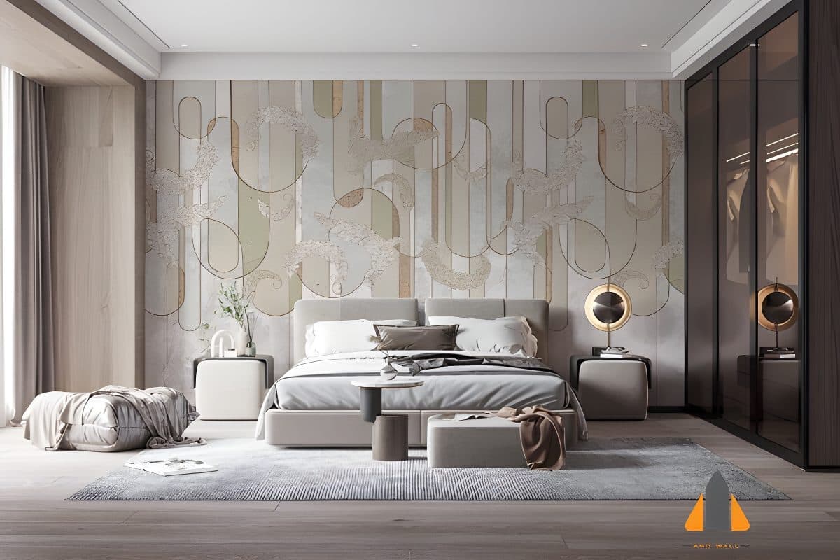 Geometric and botanical wallpaper in a modern bedroom, showcasing a stunning wallpaper installation.