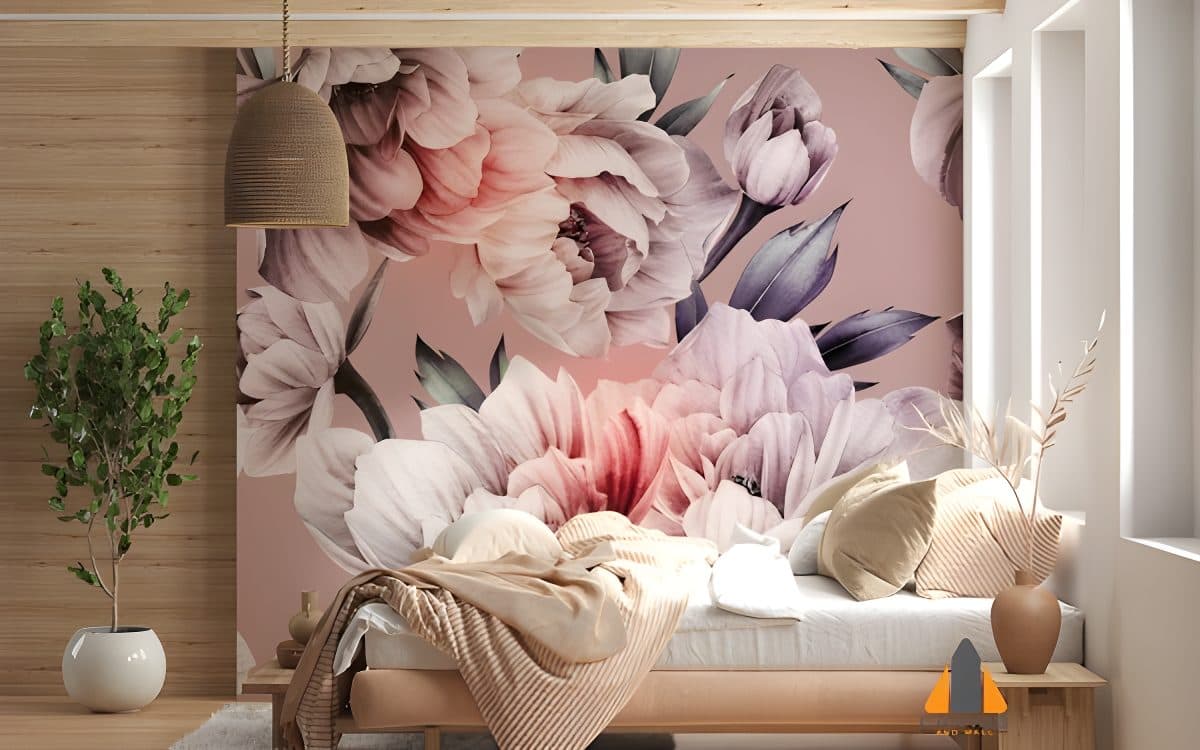Vintage peony wall mural in a modern living room, perfect for wallpaper installations in Gauteng
