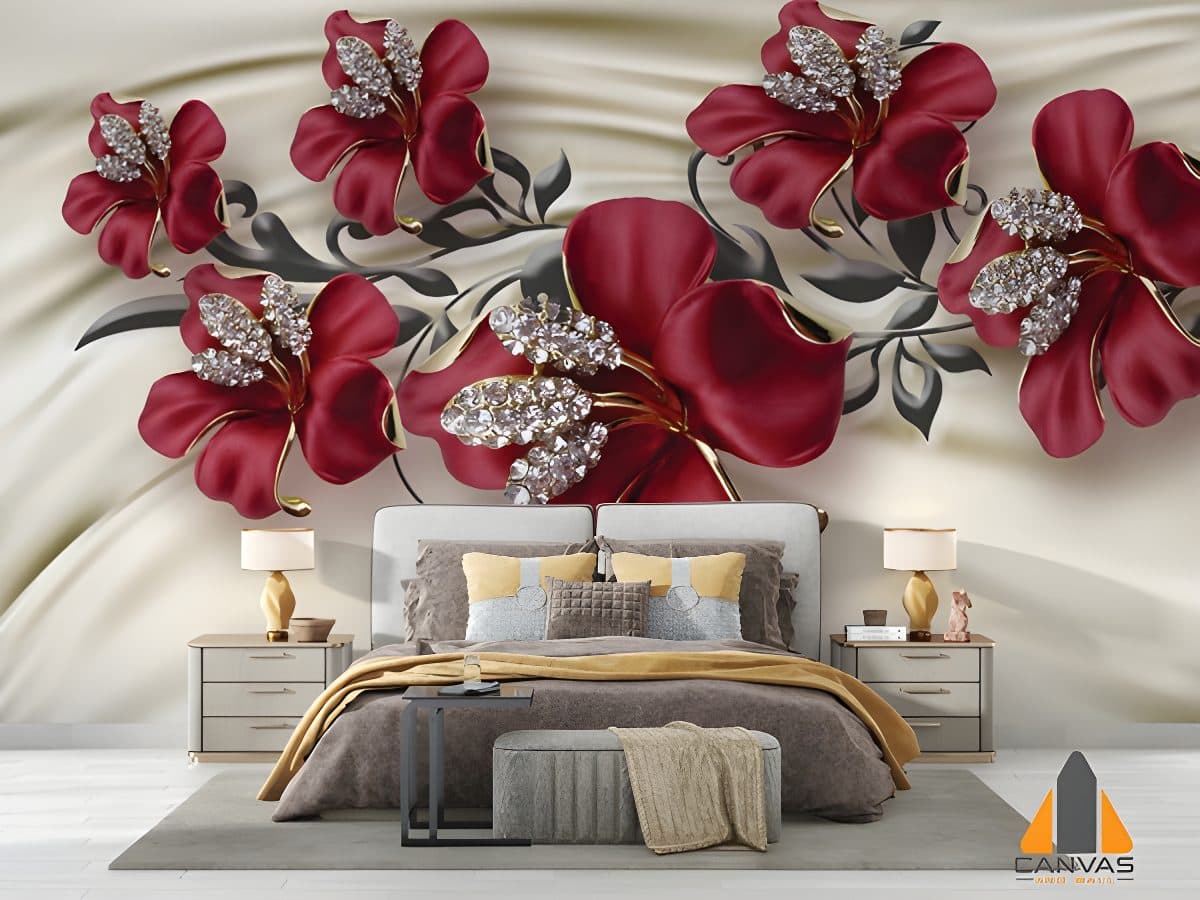 Crimson jeweled flowers on a satin background wall mural in an elegant bedroom.