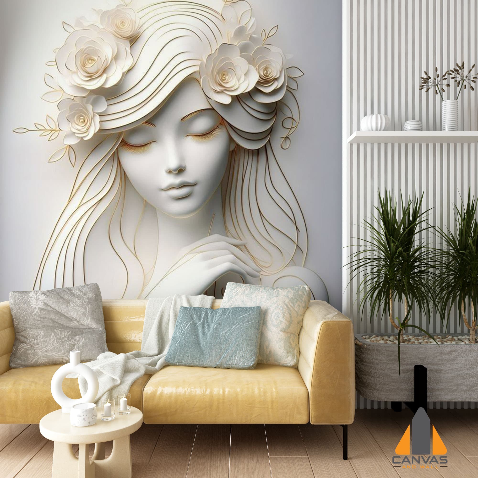 3D-style abstract woman wall mural in a modern living room with a yellow couch, perfect for wallpaper installations.